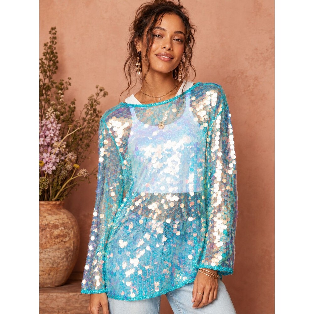 ANTHROPOLOGIE CELANDINE Women's New XS Sequin Mini Tunic Blue Iridescent Sheer